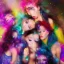 Placeholder: high resolution color photography of a group of models posing on a highway, mixed race, male and female, wearing elegant clothes, colorful glitter makeup, colorful hair, soft focus, 8k, hard light, hard shadows, volumetric lighting, highly detailed, high resolution