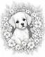 Placeholder: B/W coloring page, super detailed illustration for adult, "Puppies Inside a Wreath of Flowers: Nature's Charm",crisp line, line art, high resolution, smooth, law details, no shading, no fill, white background, clean line,The artwork should feature the flower's with strong and clean outline.