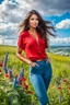 Placeholder: beautiful lady in nice red short top and blue pants with curvy long hair,perfect face,perfect eyes,country side,wild flowers ,blue sky nice clouds, long shot