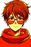 Placeholder: 22 year old brown haired nerdy anime guy with mid part hairtyle wearing orange sweater