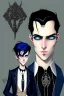 Placeholder: black haired blue eyed young man wererat with gothic jewelry in the style of charles addams