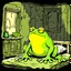 Placeholder: big fat large sad, yellow-green frog wearing a t-shirt, standing in an old, dilapidated room next to a bed. In the bed lies a gray, ancient and wrinkled lizard-medusa-frog mutant creature with two long tentacle arms, a large head, and big half-open black eyes with eyelashes. The blanket partially covers the creature. The frog gazes at the lizard creature, while the background is blurred, adding to the eerie atmosphere. The detailed, realistic rendering