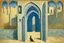 Placeholder: an open gothic_arab gate in a blue-tiled wall with a view of an old city by artist "Rene Magritte",by artist "Leonora Carrington"