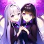 Placeholder: 8k, Girl, high quality, detailed, black long hair, purple eyes, beautiful lighting, vibrant colors, laughing, twins