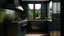 Placeholder: kitchen with dark blue, forest green on the left side by the window from the bottom up, a microwave and an oven installed in the furniture, and on the right side and next to it an induction hob and a cooker hood above it, on the right side there is a sink and a dishwasher underneath it