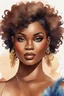 Placeholder: create a watercolor illustration of a plus size dark skinned black female wearing Tight blue jeans and a hazel brown off the shoulder blouse. Prominent make up with long lashes and hazel eyes. She is wearing brown feather earrings. Highly detailed short pixie cut