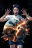 Placeholder: An image of a young Korean woman with a surprised expression, holding her hands up as if she is reacting to a catastrophic event in front of her. She is wearing a white blouse with detail, blue shorts, and sunglasses pushed up onto her head. In front of her, there is a highly detailed planet resembling Earth, dramatically cracking and breaking apart with fiery explosions and molten lava visible at the fractures. Debris is flying outward from the planet. The background is stars/space
