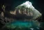 Placeholder: mountain river jungle cloudy dark from the right cave in the rock view from the surface of the water