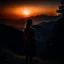 Placeholder: dark night, watching a woman from behind wearing a sleeveless dress who is watching a beautiful orange sunrise in the distance, mountains and forests around, photo quality