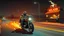 Placeholder: The kebab man driving fast on his holy motorcycle, fire from the exhaust, holy widescreen picture, holy empty road on the holy country at night, comic style, no helmet and he have a long holy black beard, neon kebab signs along the road, jesus stand at his market stand selling holy kebabs, simon stålenhag style, flying goose