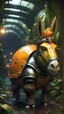 Placeholder: close up, magazine cover, metallic yellow orange donkey turtle chivalry knight with friendly cute face and hair locks in dark lit reflective wet jungle metallic hall dome hotel tunnel, in the style of fallout 4 game,bokeh like f/0.8, tilt-shift lens 8k, high detail, smooth render, down-light, unreal engine, prize winning