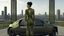 Placeholder: Tall thin women, with straight black hair, dressed in a camouflaged jumpsuit, looking out from the rear of a futuristic aircar, on a tarmac runway, with a city skyline in the distance