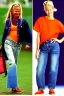 Placeholder: year 1996 denim fashion. Loose fit, low waist, baggy. Colors: denim blue, blue, purple, khaki, light green, lilac, plum, orange, terracotta, red, pink, dark blue, beige. Women models. Jennifer Lopez, Gwyneth Paltrow, . Big tennis shoes on.