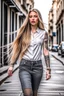 Placeholder: full body tattooed beautiful female supermodel with very long blonde hair floating on air unbutton shirt walking on street posing for magazine cover photoshoot