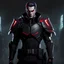 Placeholder: tall mysterious male vampire wearing kevlar body armor, red eyes, shoulder length hair, cyberpunk background, dark and intriguing, confident, intense, handsome, anime style, video game characer, trending ArtStation, trending DeviantArt