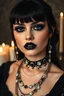 Placeholder: minimalism,amazingly beautiful fashion gothic girl black makeup closeup portrait covered in black diamonds charm chains and candles in the background
