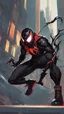 Placeholder: miles morales mix with venom symbiote in solo leveling shadow artstyle, Street boy them, intricate details, highly detailed, high details