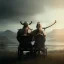 Placeholder: Viking theme, a younger woman sitting next to a 50-year-old man, portrait, 8K, close-up face, anatomically perfect face, Highly detailed stunning full frame portrait, misty and cloudy atmosphere