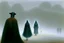 Placeholder: two people in capes seen from behind walking side by side in an empty foggy plain by artist "Leonora Carrington"