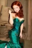 Placeholder: Busty princess full body with long auburn hair green eyes wearing a big dark teal green and gold satin ballgown corset off shoulder top at night