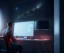 Placeholder: man coding in his computer in a dark room with walls, sky stars