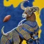 Placeholder: Book of Kells carpet page in blue and yellow colors, picture of a bighorn ram in armor and holding a football, a highly detailed illustration, realistic render, 8 k, micro detail, intricate, elegant, centered, digital painting, Artstation, smooth, sharp focus, illustration, artgerm