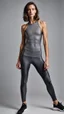 Placeholder: photography of a beautiful anorexic woman, grey satin triathlon top, sports illustrated, brunette short wavy bob haircut, pronounced sternum, flat chest, anthracite short leggins