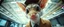 Placeholder: extreme close up on cheeky fluffy weasel news anchor elf family scumbag in the style of Escher and Giger and Fallout 4, pinhole cam, airbrush 3d rendering, on tv screen:A five-second cinematic single take in a clean industrial presentation hall.