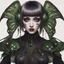 Placeholder: Full body, gothic woman with a bob with a fringe hairstyle, steampunk metal moth wings, green markings, black background