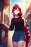 Placeholder: girl, masterpiece, best quality, cinematic lighting, detailed outfit, vibrant colors, perfect eyes, red hair, red eyes, long hair, braided ponytail, hairclip, earrings, smile, casual clothes,