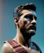 Placeholder: Gran angular, Realistic image, roman sculpture, marble deluxe material, Lionel Messi, gold Laurel wreath model, miguel angel style, emperador, God light, god rays, 4k resolution, smooth details, ornate details, soft lighting, unreal engine 5, soft cyan background.