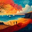 Placeholder: Vibrant painterly illustration, symbolic geometric realism. A surreal coastal landscape divided between land and sea. On a dark cliff in the foreground stands a leafless tree with delicate branches; nearby, small human figures appear as silhouettes. Sailboats float on a gently moving sea, their shapes simplified and graphic. Strong contrast between warm and cool tones, high color saturation, luminous pigments. Clearly painted surface with visible brushstrokes, flat yet textured color fields, han