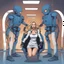 Placeholder: The anger of an detained attractive woman with wavy blond hair with handcuffs in a straitjacket fighting as she is dragged to her cell by two dark blue robots