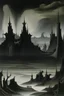 Placeholder: A black gloomy isles with shadow monsters painted by Raymond Duchamp-Villon
