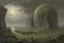 Placeholder: Grey sky with one planet un the sky, sci-fi, 2000's sci-fi movies influence, rocks, cliffs, vegetations, emile claus and auguste oleffe impressionism paintings