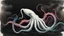 Placeholder: a realistic small white squid with long tentacles floating in a black ocean with bursts of vibrant ink in bright colors surrounding