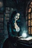 Placeholder: create a fine art print illustration of the spectral shade of a seductive, 13th century Jewish female vampire fortuneteller, clothed in an ornate but ragged bliaud with highly detailed feminine facial features, in a ruined library in the old city of Krakow, shrouded in a fetid mist at midnight , in the comic book art style of Bill Sienkiewicz, and Jean Giraud Moebius, finely textured, drawn, colored, and inked