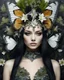 Placeholder: Photography Realistic Beauty Natural colors beautiful young woman adorned with butterflies and lily flowers with white, colors crystals and little moss on them, headdress wearing butterfly embossed dark goth punk shamanism style floral embossed and ribbed dress organic bio spinal ribbed detail of art nouveau background extremely detailed hiperrealistic maximalist portrait art