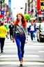 Placeholder: slim redhead woman walking across a busy street