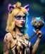 Placeholder: Ultra realistic photo, happy couple, blonde Alice woman and purple cat smoking a pipe, circus blue dress style, black headband with bow, old school body tattoo, smoke, marihuana garden, glow eyes, perfect iris, soft color, highly detailed, unreal engine 5, ray tracing, RTX, lumen lighting, ultra detail, volumetric lighting, high definition.