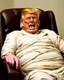 Placeholder: donald trump as a chubby really old decrepit realistic male mummy, blonde hair, leaned over in a brown chair, mouth open