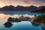 Placeholder: highly detailed glacial lake landscape, sunset, cinematic lighting, 4k, 8k, octane render, trending on 500px, pinterest, extremely detailed, ambient lighting, single frame, tiny kayak on rock pebble beach in foreground