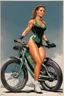 Placeholder: a Celtic girl with braids in a dark tight sport outfit, she does gym on a training bike, panting [Ernie Chan #22 Pin-Up Illustration Original Art (Marvel, 1977)]