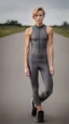 Placeholder: photography of a beautiful anorexic woman, grey satin triathlon top, sports illustrated, blond short wavy bob haircut, pronounced sternum, flat chest, anthracite cycling leggins