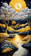 Placeholder: Beautiful white and dark quilted texture moonlit night golden yellow landscape. Surrealism, futurism, aesthetics – full perspective without frames Modifiers: elegant extremely detailed fantasy intricate very attractive fantastic view crisp quality Picasso water colour John James Audubon