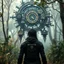Placeholder: Scene from a modern fantasy live-action movie featuring the "Garden of Practicality", the Clockwork Forest Realm of Ix Chel, Cyberpunk style. At most one human being viewed from the back in the distance.
