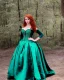 Placeholder: princess with long auburn hair green eyes wearing a big dark teal green and gold satin ballgown corset off shoulder top casting magic full body and head