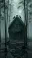Placeholder: A swamp surrounded by bamboos long trees in cloudy, depressing, foggy, with a dim of light in the distance , there.is an abandoned cottage covered with leaves. A close look of strange scary creature sitting outside the cottage and black crows on the top of the cottage, Bruegel painting style