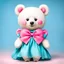 Placeholder: a white bear with pink cheeks, a pink bow behind her head and wearing a cyan blue dress with two white circles