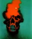 Placeholder: broken skull. black background. smoke and explode. particles in air. teal and orange. abstract. beksinski.